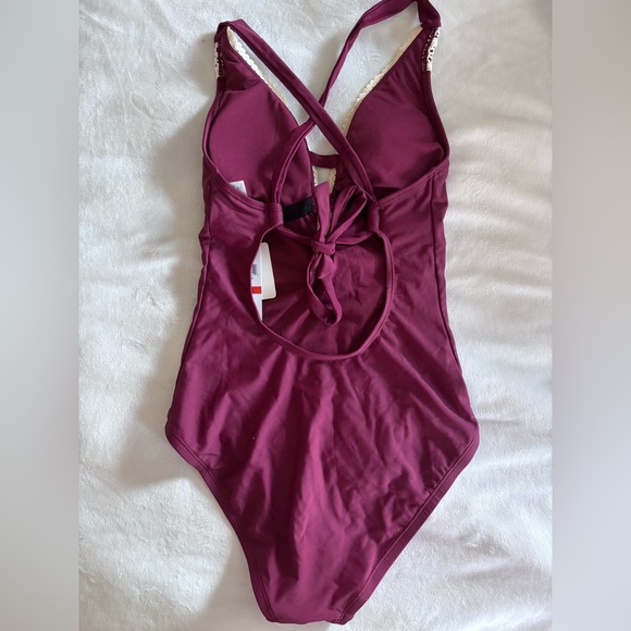 NWT BCA Size XS Burgundy Swimsuit One Piece Plunge Neck Lace Front Boho - Picture 6 of 10